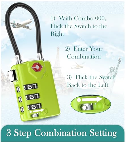 Search Alert TSA Approved Travel Combination Luggage Cable Locks for Suitcase, Gym Locker,Toolbox,Backpack 1,2,4,6 &10 pk (Lime 2 Pack) - color: Lime 2 Pack