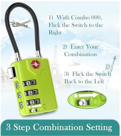 Search Alert TSA Approved Travel Combination Luggage Cable Locks for Suitcase, Gym Locker,Toolbox,Backpack 1,2,4,6 &10 pk (Lime 4 Pack) - color: Lime 4 Pack