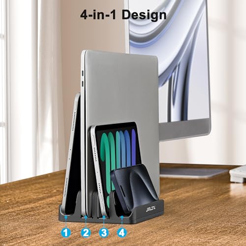 JARLINK 4-in-1 Adjustable Vertical Laptop Stand, Aluminum Holder, Black | Space-Saving Aluminum Laptop Holder, Compatible with All MacBook, Surface, Chromebook, Phone, and Gaming Laptops. - color: Black