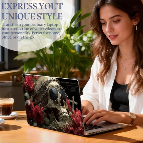 Universal Laptop Skin Sticker Decal,15.6 Inch Laptop Vinyl Cover for 13" 14" 15.6" Laptop,Scratch-Resistant Waterproof Protector Wrap,Reusable with Wrist Pads,Skull with Roses - color: Skull with Roses