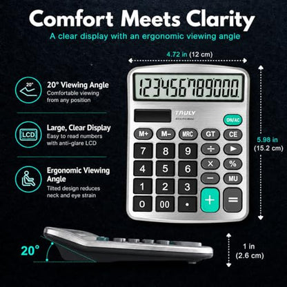 TRULY 12-Digit Desktop Calculator with Large Display, Big Buttons, Dual Power (Solar + Battery), Metal Finish, Ideal for Office, Home, School – 837A Pro Metal 2 Pack Black/Silver - color: Black & Silver