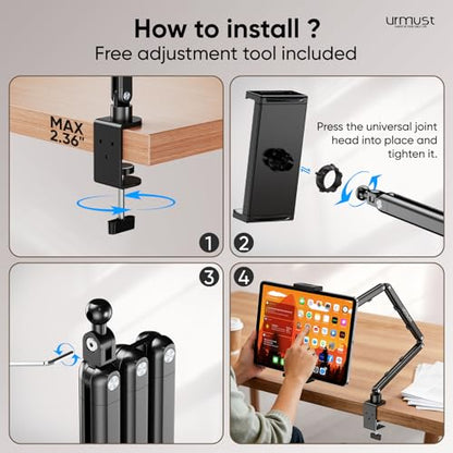 Tablet Stand for Desk, Adjustable iPad Holder for Bed, 4.7"-15.6" | 360° Rotation, Sturdy Aluminum Tablet Arm Mount for iPad Pro/Air/Mini, iPhone, Galaxy Tab, for Kitchen, Work, Video Call - size: 3 Arm-Up to 15.6"