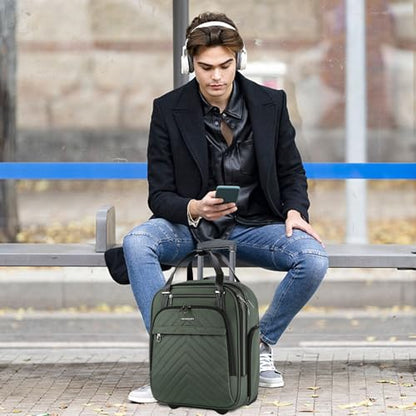 VANKEAN Carry On Underseat 16-inch Multi-functional Underseater Lightweight Overnight Suitcase with Wheels, Roller Case for Men Women Travel Business, Army Green - color: Army Green