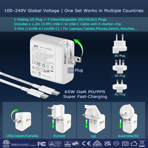 65W GaN PD/PPS USB-C Travel Wall Charger, Interchangeable US/EU/UK/AU Detachable Plugs, 3.9ft USB-C Charging Cable, Universal Fast Travel Adapter Compatible with MacBook, iPhone, Laptops & Tablets