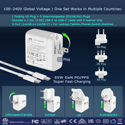65W GaN PD/PPS USB-C Travel Wall Charger, Interchangeable US/EU/UK/AU Detachable Plugs, 3.9ft USB-C Charging Cable, Universal Fast Travel Adapter Compatible with MacBook, iPhone, Laptops & Tablets