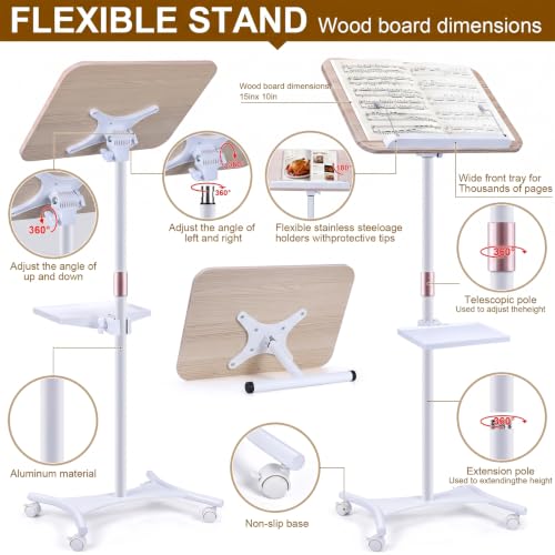 2 in 1 Dual-use Music Stand & Desktop Book Stand, Adjustable Height 16.5"-51", 100% Solid Wood Laptop Floor Stand Book Holder with Elastic Page Clips for Cookbooks (White with Tray and Wheels) - color: White With Tray and Wheels