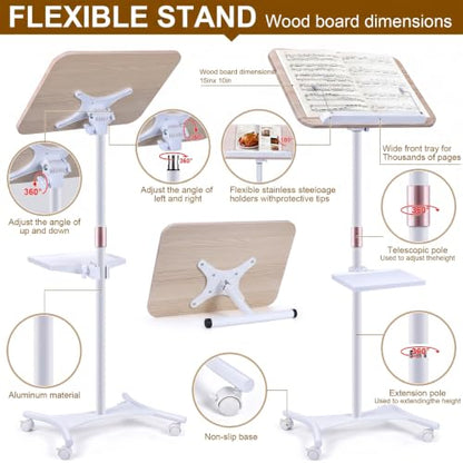2 in 1 Dual-use Music Stand & Desktop Book Stand, Adjustable Height 16.5"-51", 100% Solid Wood Laptop Floor Stand Book Holder with Elastic Page Clips for Cookbooks (White with Tray and Wheels) - color: White With Tray and Wheels