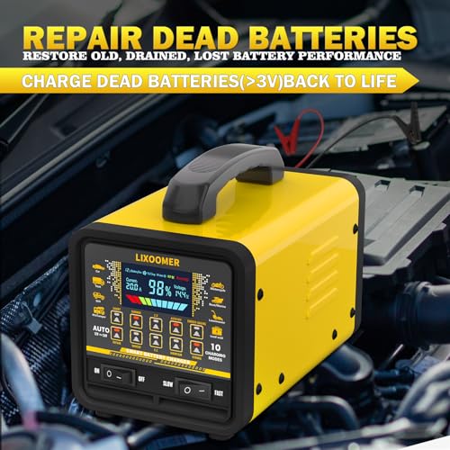Upgraded 12V/24V 0-20A Car Battery Charger Heavy Duty, Smart Trickle Charger Maintainer with Auto Shutoff, Repair & Winter Mode, 10 Modes & Color Screen for Car, Truck, Motorcycle, Boat, Lawn Mower