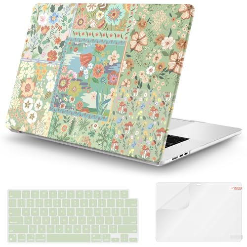 iCasso Compatible with MacBook Air 15 inch Case 2026 2025 2024 2023 Release M4 A3241 M3 A3114 M2 A2941, Slim Anti-Scratch Protective Plastic Hard Shell Case+Keyboard Cover for Mac Air 15,Green Flower - color: Green Patchwork Floral