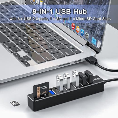 USB Hub with SD/TF Card Reader, VIENON 8 in 1 USB Extender USB Splitter with SD/Micro SD Memory Card Reader and 6 USB 2.0 Ports for PC, Laptops, Surface Pro, MacBook, iMac Pro-3FT