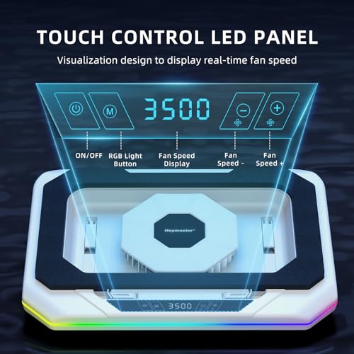 RGB Laptop Cooling Pad with LED Touch Screen, 3500 RPM Turbofan Notebook Cooler for 12-21 Inch Gaming Laptops, 3-Port USB Hub, Adjustable Stand to Prevent Overheating & Boost Performance