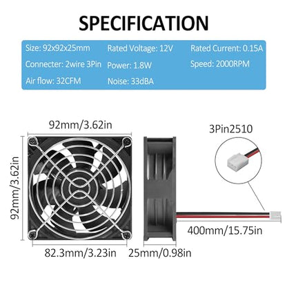 90mm 92mm Small 12V DC Computer PC 2Wire 3pin Cooling Fan 2000RPM 2-Pack | 2Wire 3Pin Long Service Life for GPU Hard Drive Coolers Stereo Receivers Caravan Refrigerator Cooling - size: 90x25mm