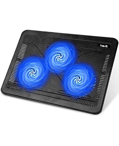 havit HV-F2056 15.6"-17" Laptop Cooler Cooling Pad - Slim Portable USB Powered (3 Fans), Black/Blue | Three quiet USB-powered fans circulate air below the laptop, two height settings improve viewing and typing comfort - color: Black+Blue