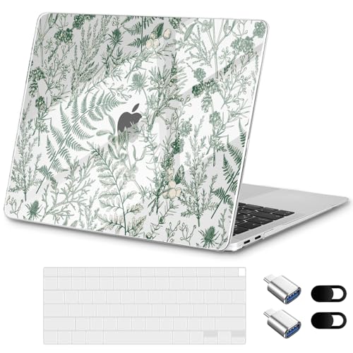 for MacBook Pro 13 inch Case 2022 M2 A2338 2020 Release– Fashionable Lightweight Floral Design Transparent HD Clear Laptop Shell, with TPU Keyboard Cover & OTG Adapters, Green Branches - color: Green branches