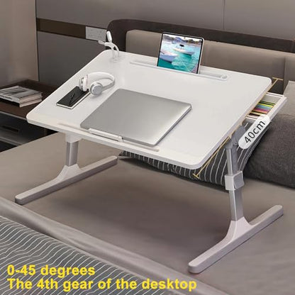 Laptop Bed Tray Table, Height Angle Adjustable Laptop Bed Stand Portable Lap Desk with Foldable Legs USB Fan Small Light for Kids Adult Foldable Lap Tablet Table for Sofa Couch White - color: White