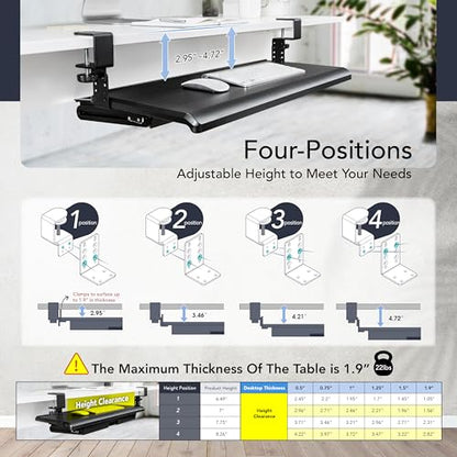 EHO Keyboard Tray with Drawer - Clamp On Under Desk Pull Out Extender Table Attachment Platform with Storage Organizer, Large 27.5" (31.8" Including Clamps) x 12.2", Height Adjustable for Home Office - size: 27.5 inch, style: keyboard tray platform with d