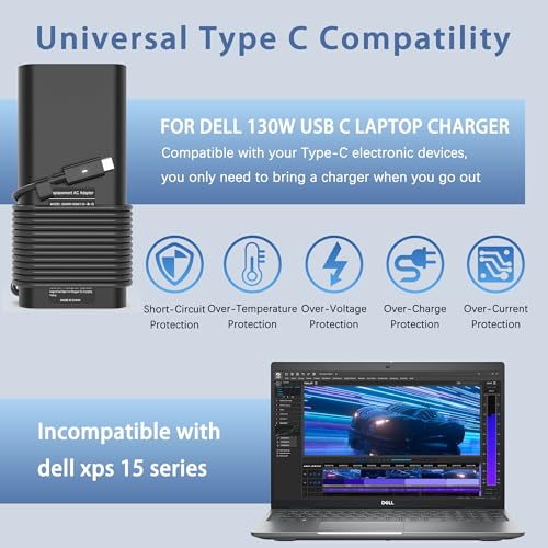 130W USB C Laptop Charger Compatible with Dell Xps 17,Precision 5550 5530 2in1,XPS 15 2in1 9575，Latitude 7410 7310 7210 9410 9510 5420 5520 5510 Power Supply Cord - color: Black2
