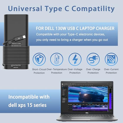 130W USB C Laptop Charger Compatible with Dell Xps 17,Precision 5550 5530 2in1,XPS 15 2in1 9575，Latitude 7410 7310 7210 9410 9510 5420 5520 5510 Power Supply Cord - color: Black2