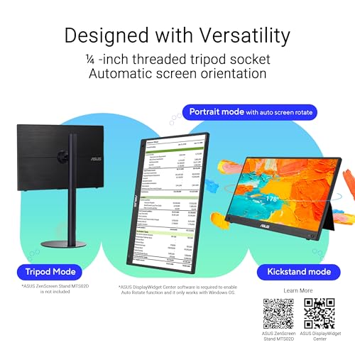 ASUS ZenScreen MB16AMTR 15.6 Inch 1080p Touchscreen USB-C Portable Monitor | Built-in Battery, Kickstand, Eye Care, Tripod Socket, IPS, For Laptop, Phone, Console, Travel Display for MacBook and PC - style: 16" Touch Battery