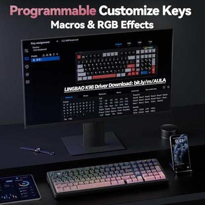 LINGBAO K98 Wireless Mechanical Gaming Keyboard, Tri-Mode Gasket Hot Swap | Linear Switches Creamy Keyboard with Number Pad,96% Layout RGB Backlit Mechanical Keyboard for PC Laptop, Custom Software - color: K98 | 10000mAh | Gradient Black Pink