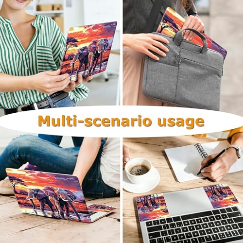 Universal Laptop Skin Sticker with 2 Wrist Pad Decals, 3-Piece Removable Vinyl Laptop Cover, Elephants Sunset Waterproof Anti-Scratch, Easy-Trim Fit for 13.3" 14" 15.6" Laptops - color: Elephants Sunset