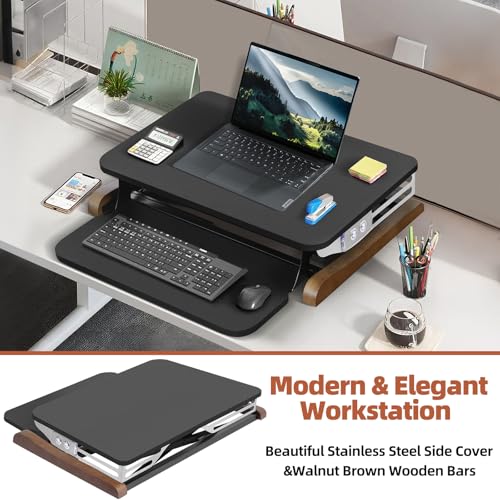 Electric Standing Desk Converter with Keyboard Tray, 26x16 Inch, Height Adjustable Sit to Stand Desk Riser with Unique Side Cover and Wooden Feet, Small Motorized Monitor Riser for Office & Home