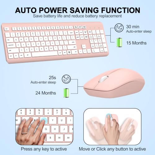 Wireless Keyboard and Mouse Combo, Full-Size Silent Ergonomic Keyboard and Optical Mouse, Long Battery Life, 2.4G Lag-Free Mice Keyboard for Computer, Mac, Laptop, PC, Windows(White Pink) - color: White Pink