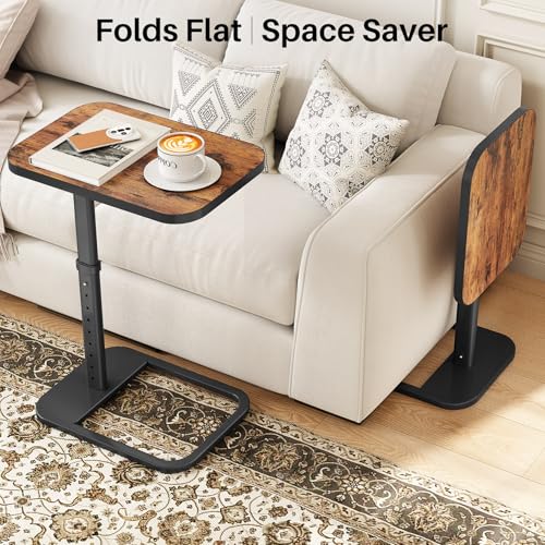 Kitstorack Upgraded TV Tray Table with Panel Lock, 90° Flip-Over Design & Adjustable Height, Sofa Arm Side Table for Eating, Laptop, Couch, Bed, or Small Spaces, Brown - color: Brown, style: Auto-locking
