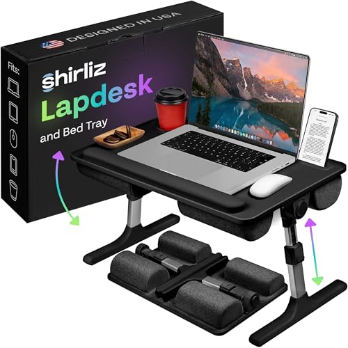 Lap Desk with Legs & Cushions: 2-in-1 Foldable Bed Desk for Adults - One-Touch Height Adjustment, Bed Table Tray Hold: up to 15.6“ Laptop, Mouse Cup Phone - Laptop Stand Desks for Bed (Black) - color: Black