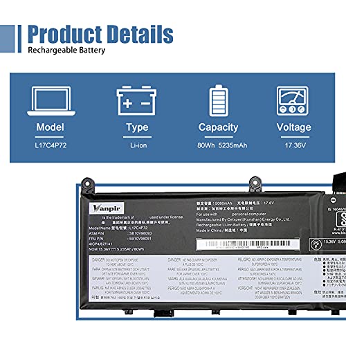 L17C4P72 Laptop Battery,15.36V 80Wh 5235mAh Compatible with Lenovo ThinkPad X1 Extreme 1st Gen/2nd Gen ThinkPad P1 1st Gen/2nd Gen Series L17M4P72 01AY968 01AY969 L18M4P71 01YU911 5B10V98091 - size: 12.4*3.15*0.28 inch L17C4P72