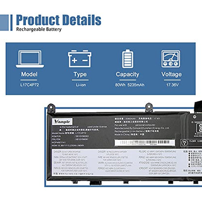 L17C4P72 Laptop Battery,15.36V 80Wh 5235mAh Compatible with Lenovo ThinkPad X1 Extreme 1st Gen/2nd Gen ThinkPad P1 1st Gen/2nd Gen Series L17M4P72 01AY968 01AY969 L18M4P71 01YU911 5B10V98091 - size: 12.4*3.15*0.28 inch L17C4P72