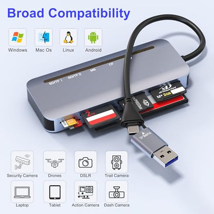 Memory Stick Pro Duo Card Reader, 7 in 1 USB-A/USB-C Multi Memory Card Reader for SD/TF/MS/XD/CF Cards, SD Card Reader for iPhone 17/16/15, Android, Camera, MacBook, Tablet, Laptop