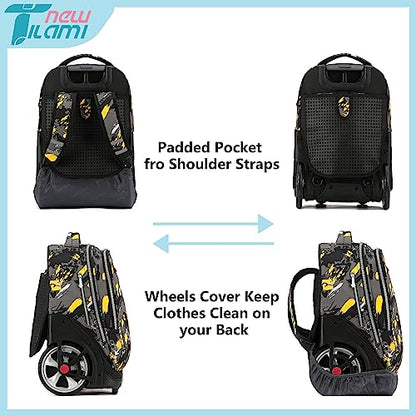 NEW TILAMI 19 inch Rolling Backpack Teens Rolling Backpack Cute Wheeled Laptop Backpack Bookbag Roller Travel Bag College, Yellow Doodle - color: Yellow Doodle