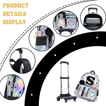 HTgroce Cute Rolling Backpack with Wheel,School Backpack for Kids Girl Roller Schoolbag Wheeled Backpacks Set Carry-on Luggage,Initial S - color: Silver, style: S