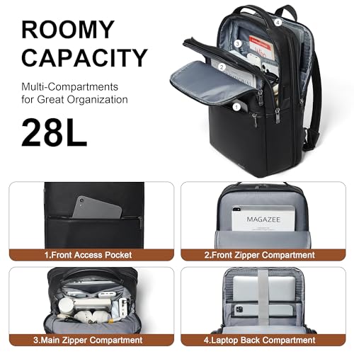 Vegan Leather Laptop Backpack for Women and Men Fits 16 Inch Laptop | Water Resistant,28L Expandable Computer Backpack Purse,USB Charging Port,Travel Work Business College Teacher Nurse - color: Two-toned Black