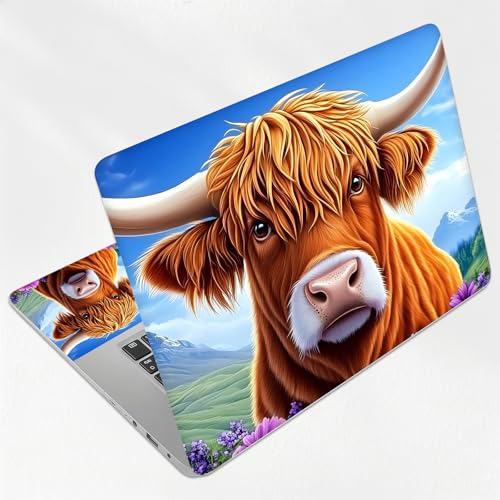 Highland Cow Purple Flowers Universal Laptop Skin Sticker 3PCS, Protective Decal Trim-to-Fit 11.6" 13.3" 14" 15.6" Laptop Vinyl Cover, Removable Anti-Scratch Computer Decal Protector - color: Highland Cow Purple Flowers