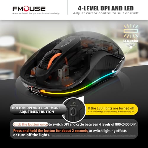 FMOUSE Transparent Wireless Mouse, Tri-Mode Bluetooth 5.1 & 2.4GHz, USB-A & USB-C Receiver, Silent Rechargeable RGB, 3 Devices for MacBook Laptop iPad PC, Business Minimalist — Black - color: Black