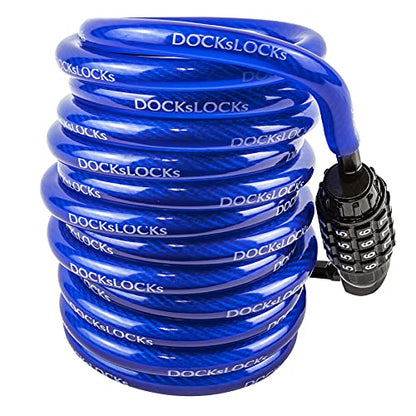DocksLocks Coiled Security Cable Lock (5ft to 25ft) with Combination, 10ft | Weatherproof, Resettable Combination, Multi-Purpose, Anti-Theft Protection, 10mm Diameter, For Kayaks, Bikes, Scooters - size: 10ft