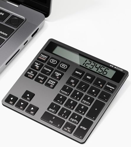 Number Pad for Laptop - Rechargeable Wireless Number Keypad 34 Keys with Dual Bluetooth, 2 in 1 Numeric Keypad Calculator with Display - Portable Slim Numpad for Windows, Mac, iMac, PC, Tablet - color: Black, size: Regular 329