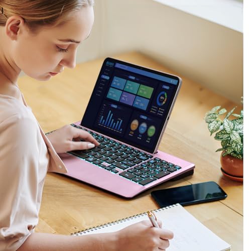 Hamile Wireless Backlit Keyboard with Wrist Rest, Rosepink | 2.4G and Bluetooth keyboard with 8 backlight effects, slim rechargeable silent keys, holder, and Windows/Mac support - color: RosePink