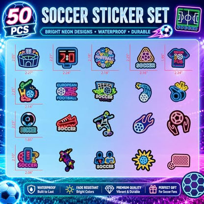 DETICKERS Neon Soccer Stickers for Soccer Fans Boys Water Bottles 50 PCS Waterproof Vinyl Sports Stickers Team Gifts - style: Neon Football