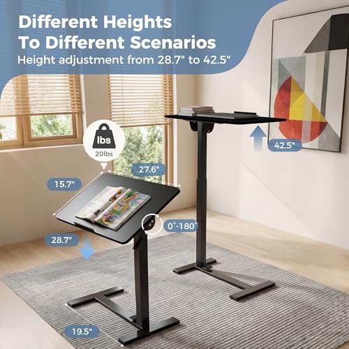 DUMOS Mobile Standing Desk, Bedside Table, Overbed Table | Adjustable Pneumatic Lift, Hidden Wheels, Portable Computer Cart, Bed Couch Office Sofa, Modern Black - color: Modern Black
