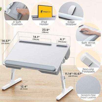 FoldWise 2-in-1 Bed & Lap Desk with Soft Cushion, Adjustable Height & Angle | Wrist Rest, Leather, iPad Holder & Stopper - Foldable Laptop Stand for Bed & Couch, Portable Bed Table Tray for Adults & Kids - color: Gray