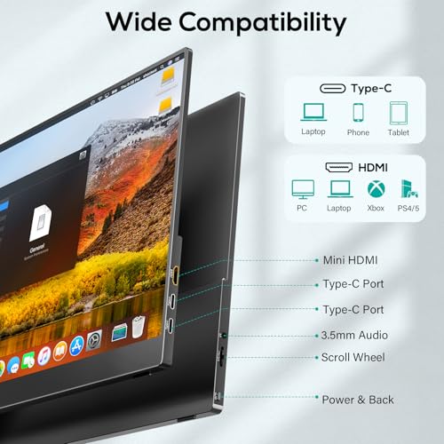 18.5 Inch Portable Monitor, FHD 120Hz IPS HDR 125% sRGB USB-C HDMI External Travel Monitor with Built-in Speakers, VESA Compatible for Laptop MacBook PC Surface PS5 Xbox - size: 18.5-inch