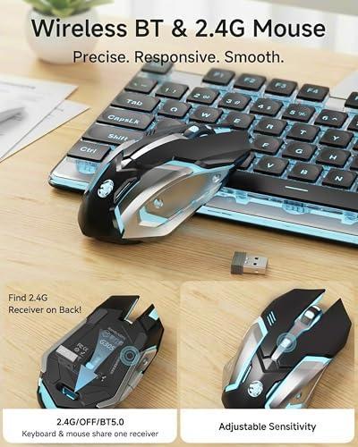 Wireless Keyboard and Mouse Combo with White Backlit Pudding Keycaps, Bluetooth & 2.4G, 2000mAh Rechargeable, Full Size, Metal Panel Quiet Computer Keyboard Set for Windows PC Desktop - Black - color: Black