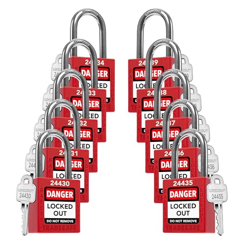 TRADESAFE Lockout Locks, 10 Red Loto Locks Keyed Different, 1 Key Each | Non-conductive Nylon Body, Spring-loaded Stainless Steel Shackle, Key-retaining Cylinder With Multilingual Safety Labels - color: Red, size: 1 Key Per Lock