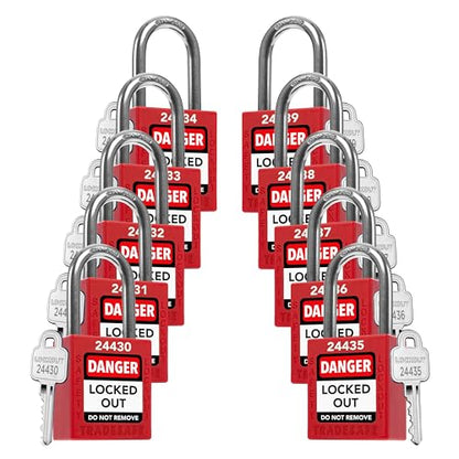 TRADESAFE Lockout Locks, 10 Red Loto Locks Keyed Different, 1 Key Each | Non-conductive Nylon Body, Spring-loaded Stainless Steel Shackle, Key-retaining Cylinder With Multilingual Safety Labels - color: Red, size: 1 Key Per Lock