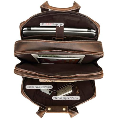 Polare Full Grain Cowhide Leather 17'' Laptop Large Briefcase for Men Business Messenger Bag Work Bag - color: Dark Brown