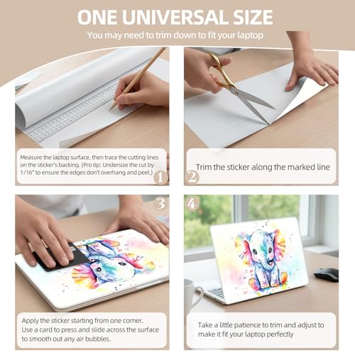 Universal Laptop Skin Sticker for 12/13/14/15.6 Inch Laptops, Reusable Vinyl Laptop Decal Cover, Waterproof Scratch Resistant Notebook Skin with 2 Wrist Pads,Watercolor Elephant - color: Watercolor Elephant