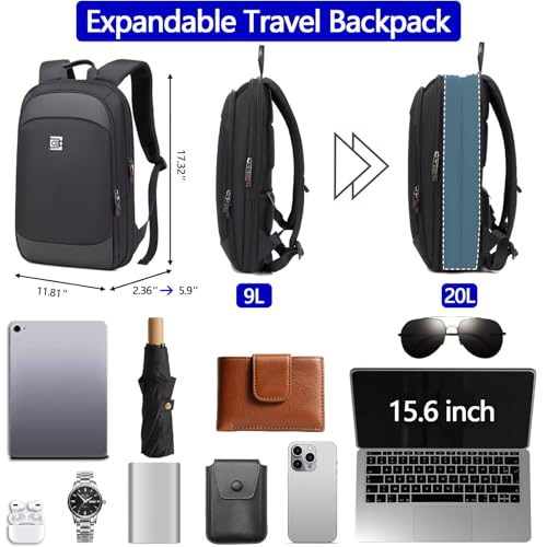 Business Backpack for Men 15.6 Inch,Slim & Expandable Waterproof Travel Laptop Backpack - color: Black